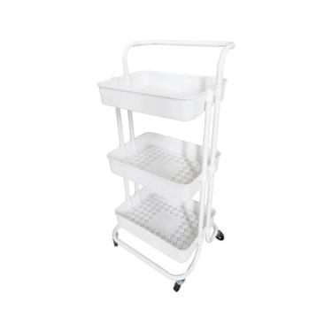 Imagem de Carrinho Organizador com 3 Níveis, Aço Carbono e Plástico, 42x35x86cm, Rodízios Giratórios, Multiuso para Cozinha, Banheiro e Escritório (Branco)