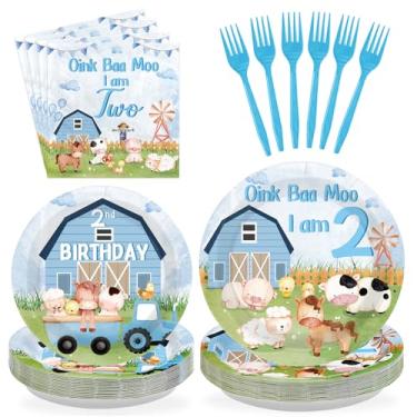 Imagem de Greencian 96 peças Oink Baa Moo Im dois artigos de festa animais de fazenda pratos e guardanapos 2º aniversário casa de fazenda tema celeiro conjunto de utensílios de mesa para meninos meninas 2 anos