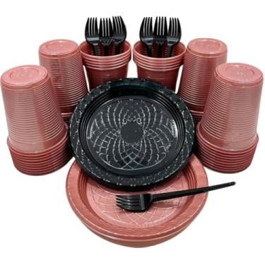 Imagem de Kit 300 Itens Festa Aniversário Descartáveis Plástico Colorido Perolado 100 Pessoas Completo Pratinho Garfinhos Copos (Rose Perolado Preto)