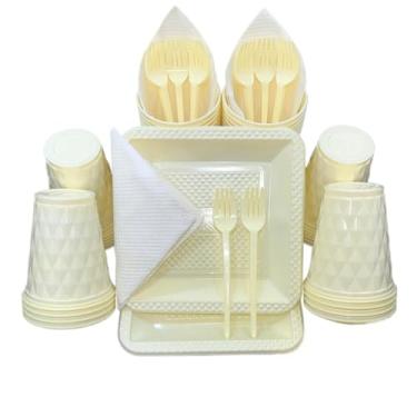 Imagem de Kit Festa Aniversario 180 Itens Candy Descartavel Diamante Premium C/Pratos Copos Garfinho Cor Pastel Azul Rosa Amarelo (Amarelo Candy)