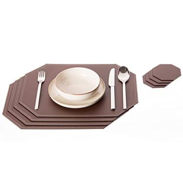 Imagem de Nikalaz Octagon conjunto de 4 descansos de mesa e 4 porta-copos, feito de couro reciclado, tapetes de mesa, tapetes de lugar, Marrom, 15.75''x11.8''