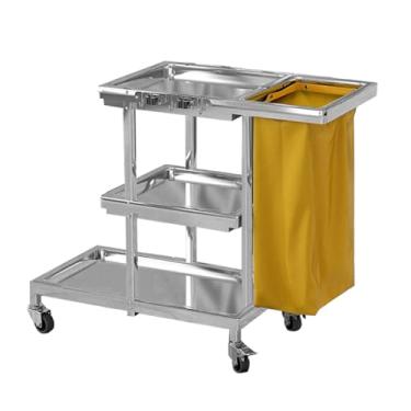 Imagem de TRGCJGH Carrinho utilitário de limpeza comercial de aço inoxidável, carrinho de limpeza doméstica de 3 prateleiras, com rodas e saco de vinil de 14 galões (G, amarelo)