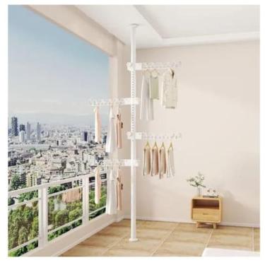 Imagem de Cabideiro Vertical com 4 Braços, Metal e Plástico, Branco, 3,1m Altura, Multiuso com Rodízios, Suporte Ajustável para Roupas e Acessórios