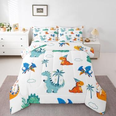 Imagem de jejeloiu Conjunto de edredom com desenho de dinossauro, solteiro, para crianças, meninos, meninas, animais selvagens, edredom de microfibra, 2 peças com 1 fronha