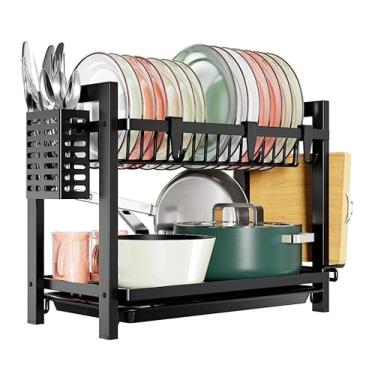 Imagem de Escorredor de Louça Completo em Aço Carbono Organizador Escorredor de Pratos Inox, Suporte para Talheres, Copos, Tábuas, Facas com Bandeja (Médio)