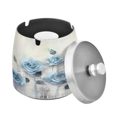 Imagem de Blueangle Cinzeiro Blue Roses com tampa para cigarros, à prova de vento/chuva, aço inoxidável, sem fumaça, inodoro, cinzeiro para uso interno ou externo (456)