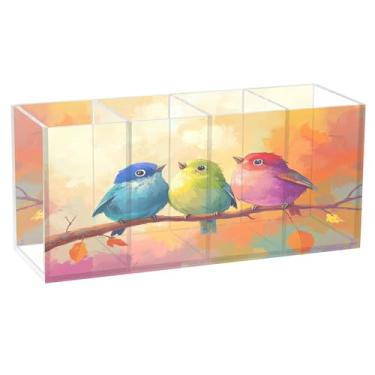 Imagem de SEHANY Lindo porta-canetas de acrílico com flores em aquarela, pássaro, 4 compartimentos, porta-lápis transparente, organizador de pincéis de maquiagem, organizador de papelaria para escritório, casa