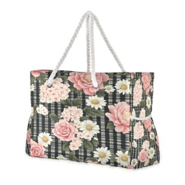 Imagem de ATTX Pink Roses Margaridas Bolsas de Praia para Mulheres - Bolsas de Praia Grandes com Zíper Impermeável À Prova de Areia Saco de Piscina Bolsa Grande #316