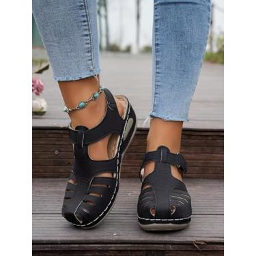 Imagem de Sandálias de praia femininas plus size com detalhes metálicos – salto plataforma com tira única, chinelos deslizantes de sola grossa para uso casual, Preto, 38