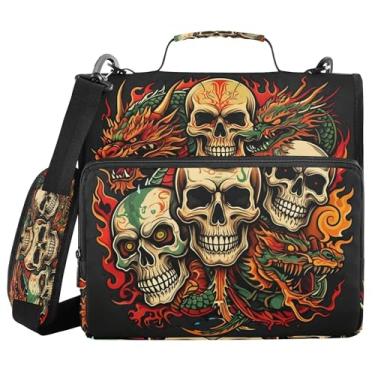 Imagem de SEHANY Fichário com zíper de caveira com alça de ombro, capacidade para 500 folhas, vários bolsos 3,8 cm para fichário com zíper e 3 anéis