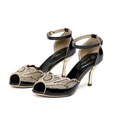 Imagem de Unicrystal Sandália feminina feita à mão com strass e salto cristal para noite, casamento, formatura, Preto, 40