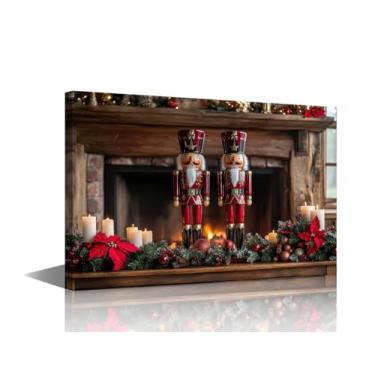 Imagem de Arte de parede em tela Duo de quebra-nozes superdimensionado por lareira aconchegante decoração de parede de Natal emoldurada para um ótimo quarto de alojamento 1 painel arte de férias pronto para