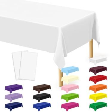 Imagem de QZYL Pacote com 2 capas de mesa de piquenique, toalha de mesa branca de 277 x 137 cm para mesa retangular, toalha de mesa de plástico descartável, toalhas de mesa de festa, decorações de festa de