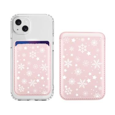 Imagem de BlHMCASE Carteira magnética compatível com MagSafe para iPhone 17/16/15/14/13/12, série de couro rosa de floco de neve de Natal para porta-cartões Magsafe para mulheres adolescentes e meninas