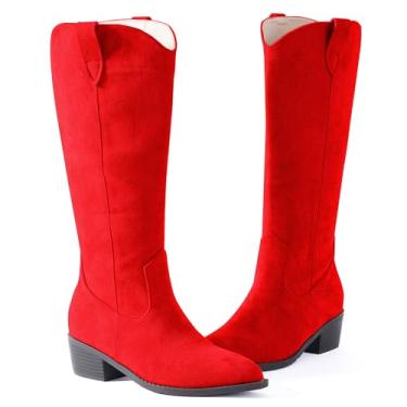 Imagem de N.N.G Botas femininas de cano alto, camurça sintética, preto, marrom, pedra vermelha, rosa, estilo ocidental, salto bloco de 5 cm, bico fino, zíper lateral, botas de inverno modernas para uso casual e