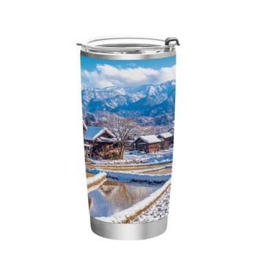 Imagem de Wassud Copo térmico Winter Village com tampa e canudo de aço inoxidável parede dupla copo isolado caneca de café de viagem para bebidas frias e quentes 350 ml