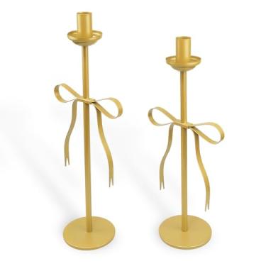 Imagem de Nacidooka Castiçais dourados conjunto de 2 castiçais de metal ponderados castiçais cônicos castiçais vintage para decoração de casa de férias lareira cornija festa de casamento presente de inauguração