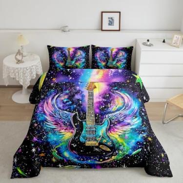Imagem de Castle Fairy Jogo de cama solteiro de guitarra rock, hip hop, 2 peças, para meninos e meninas, estampa de estrelas estreladas, edredom acolchoado para crianças, com estampa tie dye em aquarela, 1