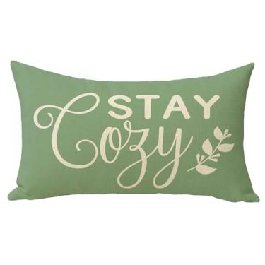 Imagem de Fjfz Stay Cozy Capa de almofada decorativa verde lombar 30 x 50, folhas inspiradoras retangulares para decoração de casa ao ar livre, capa de almofada motivacional para sofá e sofá, presente de
