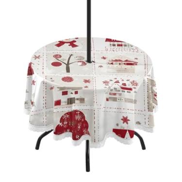 Imagem de CEBUGI Toalha de mesa redonda para uso ao ar livre, padrão natalino, impermeável, com furo Umberlla, capa de mesa lavável para pátio, cozinha, sala de jantar, 152 cm