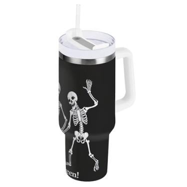 Imagem de STAYTOP Copo fofo de 1,134 g de caveira feliz dia das bruxas com tampa e canudo, copo isolado de aço inoxidável durável à prova de vazamento com alça, garrafas de água à prova de derramamento para