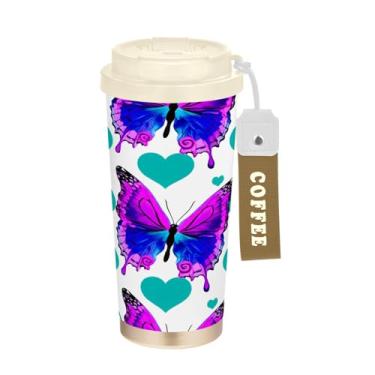 Imagem de Wassud Caneca de café de viagem com isolamento de borboletas vibrantes, copo à prova de vazamento com tampa e canudo garrafa de água de aço inoxidável para café quente/gelo, chá e cerveja