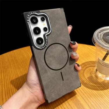 Imagem de HJZSZX Capa magnética de couro retrô com carregamento sem fio e à prova de choque para Galaxy S23 Ultra (para Galaxy S23 Ultra/cinza escuro)