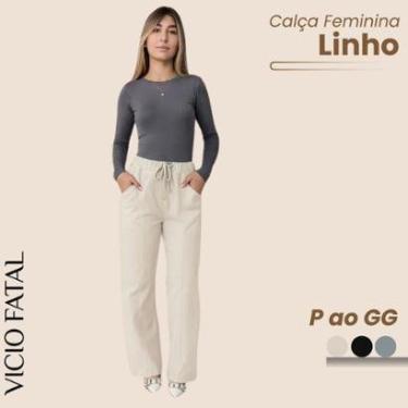 Imagem de Calça Feminina de Linho Reta Cós Wide Leg Elástico Reta Casual Bolsos Externos Confortável-Feminino