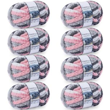 Imagem de Cozyful Fio grosso para tricotar à mão - #10 fio de cobertor de chenille, fios grandes e grossos para crochê, fios de malha volumosos tie dye, 8 novelos (25 jardas 227 g cada novelo), rosa, cinza e