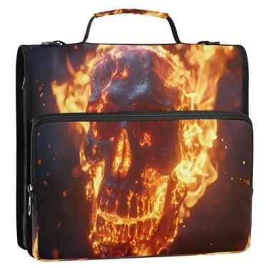 Imagem de CEBUGI Fichário de 3 anéis com zíper com alça de ombro, pasta de arquivo expansível de 3,8 cm, anéis D, para escola, escritório, caveira, fogo, crânio
