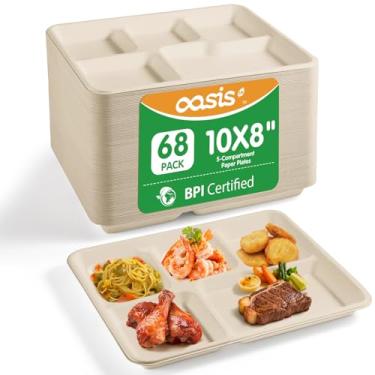 Imagem de OasisSN Pratos de papel descartáveis com 5 compartimentos, compostáveis, resistentes e descartáveis para preparação de refeições, almoços escolares e buffets de festa, naturais