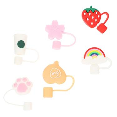 Imagem de 6 peças de tampas de canudo de silicone, capas fofas de desenho animado, protetores de canudo reutilizáveis, adoráveis tampas para canudos, topos de canudo para copo e copo