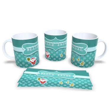 Imagem de Caneca de Cerâmica Natalina, Tema Papai Noel na Chaminé, Azul com Flocos de Neve, 325ml (08)