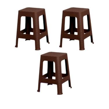 Imagem de Kit 3 Banqueta Quadrada Rattan Plastico Reforçado Banco Multiuso Empilhavel Plastico Resistente Casa Bar Restaurante(Café)