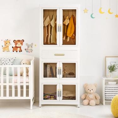 Imagem de YHB Armário de armazenamento portátil, branco, guarda-roupa dobrável de 3 camadas com portas de vidro, gavetas, varões para pendurar, rodinhas para roupas de animais de estimação, brinquedos