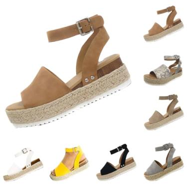Imagem de DevilAngel Sandália feminina Topic Open Toe fivela tira no tornozelo alpargatas flatform sintético verão casual sandálias cunhas, Marrom, 34