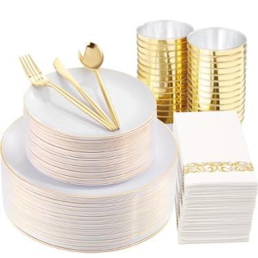 Imagem de MirthMood 210 conjuntos de louça dourada, pratos de festa de plástico dourado e branco, inclui: 30 pratos de Natal, 30 pratos de sobremesa, 30 toalhas de papel com 90 talheres e 30 copos de 255 g para