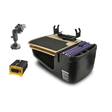 Imagem de AutoExec Mesa de carro GripMaster para sua estação de trabalho de veículos e escritório móvel, bétula, com suporte de impressora, inversor de potência de 400 watts e suporte de telefone com sucção