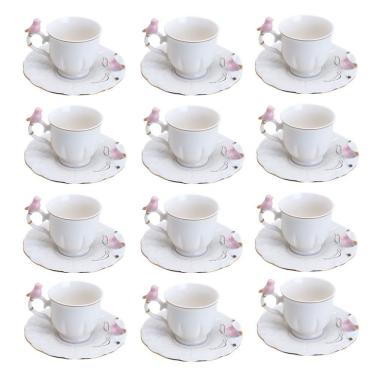 Imagem de Jogo 12 Xícara De Café Porcelana Rosa E Branca Birds Pássaro Com Pires 100ml Wolff