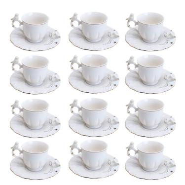 Imagem de Jogo 12 Xícara De Café Porcelana Birds Branca Fio Dourado Pássaro Com Pires 100ml Wolff