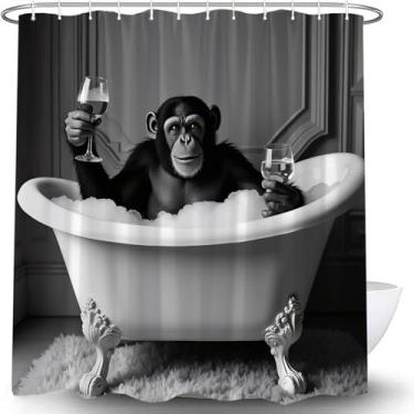 Imagem de CWHCWA Cortina de chuveiro macaco engraçado preto branco chimpanzé na banheira animal fofo vida selvagem moderna decoração de banho cortina com ganchos