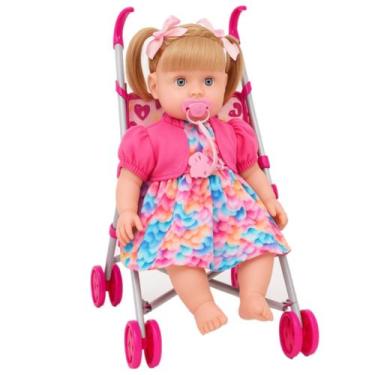Imagem de Boneca 48cm Larissa Loira Fala 74 Frases + Carrinho Dobravel - Adijoma