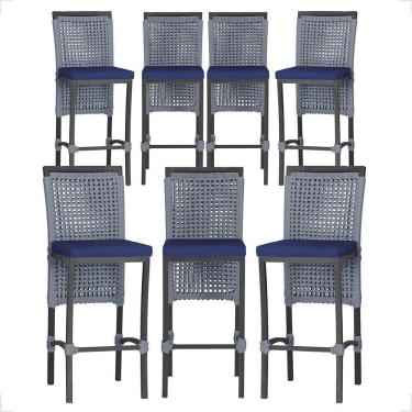 Imagem de 7 Banquetas Em Alumínio Roma Preta Corda Náutica Tecido 10 Prata