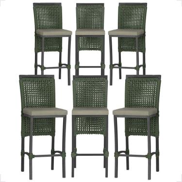 Imagem de 6 Banqueta Em Alumínio Roma Preta Corda Náutica Tecido 8 Verde