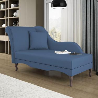Imagem de Divã Recamier Chaise Longue Valentina Clássico Com Pés De Madeira Linho Azul Denim - Desk Design