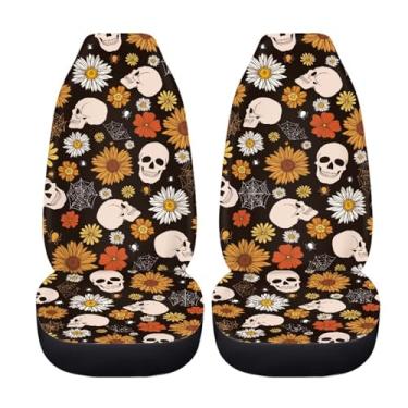 Imagem de BIGCARJOB Conjunto universal de capa de assento de carro com estampa elegante de margarida crânio conjunto protetor de assento dianteiro automotivo 2 peças estampa de caveira de flor cobertor de