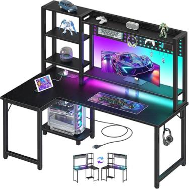 Imagem de MEUIS Mesa de jogos em forma de L de 122 cm – mesas de canto para computador com suporte e luzes LED Pegboard, tomadas elétricas, suporte para monitor de PC para quarto de crianças, preto