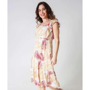 Imagem de Vestido Midi Feminino Estampa Folhas Lastex Marisa-73079, Off white, P