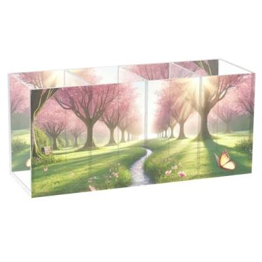 Imagem de TSENQUE Porta-canetas de desenho animado personalizado para arte de mesa, flores de primavera, flor de cerejeira, escritório, suporte de acrílico para maquiagem, copo de lápis