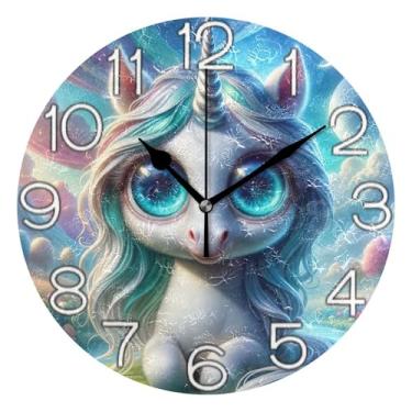 Imagem de GAIGEO Relógio de parede decorativo analógico relógio de cozinha bonito operado por bateria silencioso, decoração de parede moderna sala de estar colorido unicórnio fofo, 25 cm, ponteiros pretos